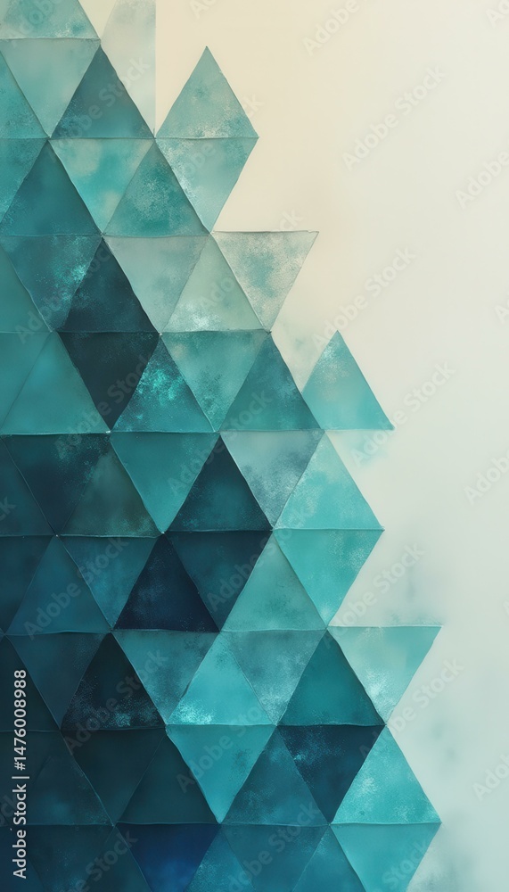 Poster geometric abstraction: a mosaic of teal triangles on a creamy white surface