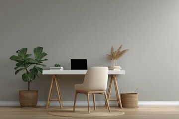 Minimalist Scandinavian Home Office Wall Mockup – Flat Grey Wall with White Desk and Natural Decor