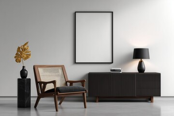 Fototapeta premium Flat Wall Mockup – White Wall with Black Framed Poster, Wooden Armchair and Modern Decor 