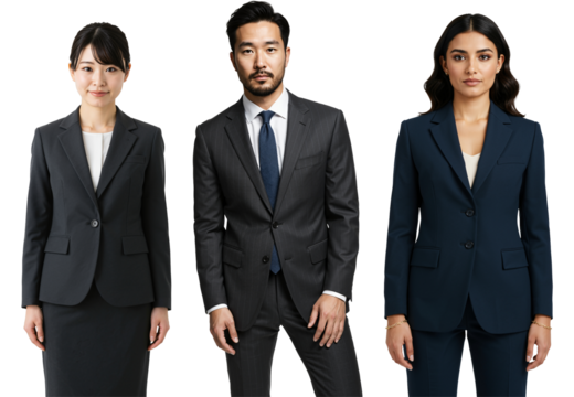 Studio portrait of three diverse young adult professionals, two women and one man, standing in formal business suits against a transparent background.