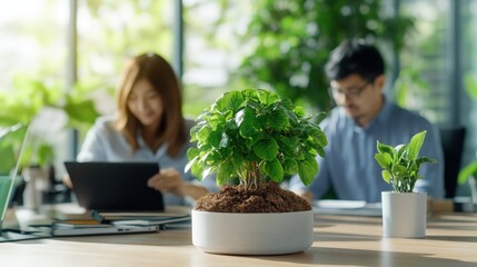 Focused young asian professionals collaborate with green plants on desk in eco friendly office space.