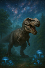Tyrannosaurus Rex Roaring in a Surreal Forest under Starry Sky