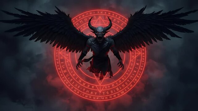 Devil Cartoon Shows Dark Angel with Horns and Wings Flying over Bright Red Ritual Circle, Generative AI