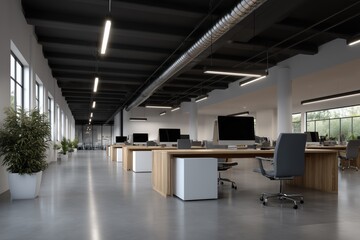 Modern Open Space Office Interior with Industrial Ceiling and Natural Light 