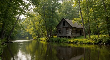 Cabin on River Amidst Trees
