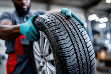 Obraz premium Mechanic holding new tire for installation during car maintenance at service center