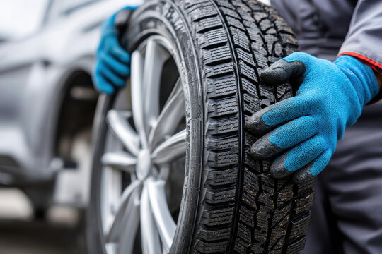 Mechanic holding new tire for installation during car maintenance at service center