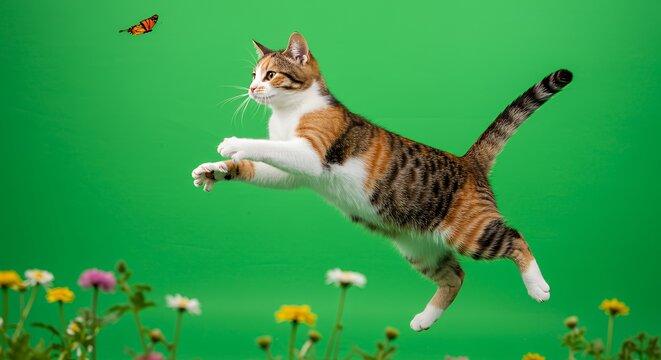 Calico Cat Mid Jump Chasing Butterfly Isolated by Green Screen with Spring Flowers Foreground Perfect for Decoration