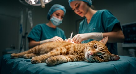 Veterinary Surgeons Performing Surgery on Orange Tabby Cat in Surgical Room with Low Angle View and Digital Artifacts