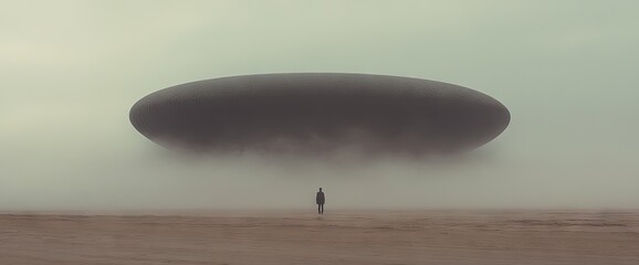 Remote figure approaches a large, looming craft floating above a hazy, desolate landscape