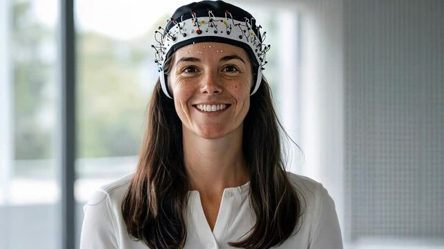 Smiling woman in EEG headgear for brain research, lab setting