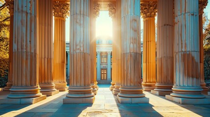 Large grand courthouse entrance massive pillars engraved legal symbols early morning sunlight