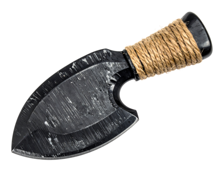 Black Metal Hand Axe with Tan Rope Handle on Transparent Background