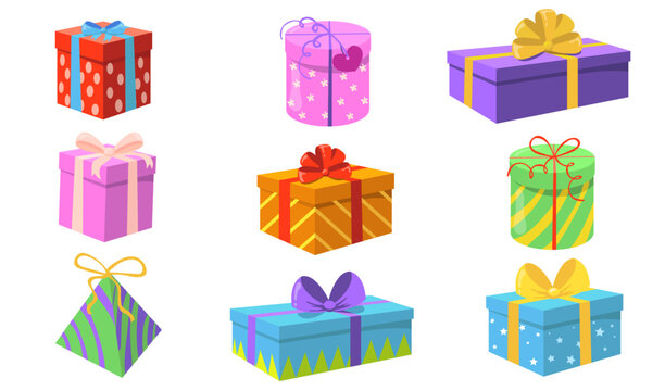 gift boxes set christmas birthday presents with colorful wrap ribbons bows