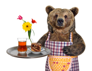 Brown Bear Waiter Serving Tea and Cake