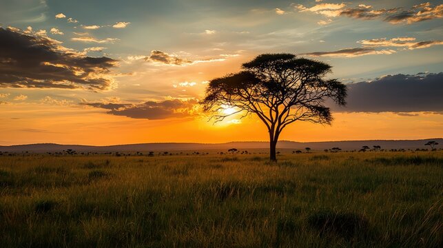 A tranquil sunset scene with golden light spilling across the horizon, highlighting the silhouette of a large, majestic tree against a grassy plain. - Powered by Adobe