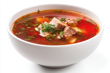 Bowl of classic Russian meat soup Solyanka on white background