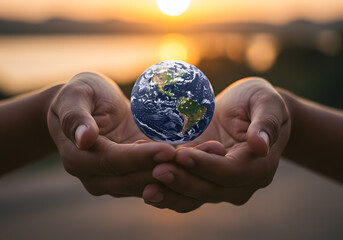 Hands holding earth globe sunset
