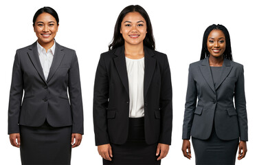 Three diverse young adult women in professional business suits standing and smiling against a transparent background, representing corporate success and teamwork