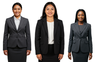 Three diverse young adult women in professional business suits standing and smiling against a transparent background, representing corporate success and teamwork