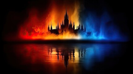 Naklejka premium Castle engulfed in fiery, spectral flames