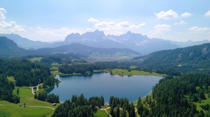 Serene mountain lake nestled in lush greenery, surrounded by rolling hills and majestic mountains under a clear blue sky