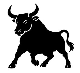 Silhouette of a Powerful Bull Standing in Aggressive Stance, with Curved Horns, Muscular Build.Strength, Determination, Courage, Finance (Bull Market). Sports Mascots, Agricultural, Financial.