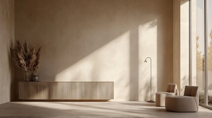 Minimalist beige interior design featuring natural light.