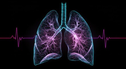 Illustration of Lungs with Vibrant Neon Color Scheme Depicting Pulmonary Functions and Heartbeat
