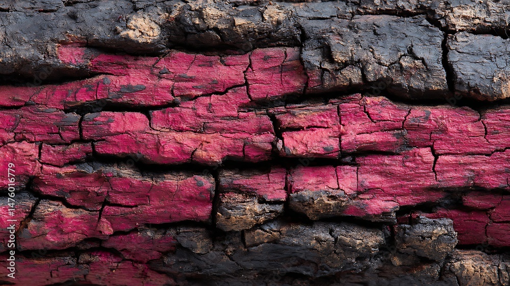 Poster charred wood bark red texture, detailed macro close, up view of tree burned scratched cork backgroun