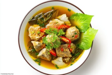 Bowl of tofu skin soup with fish meatballs isolated on white viewed from above