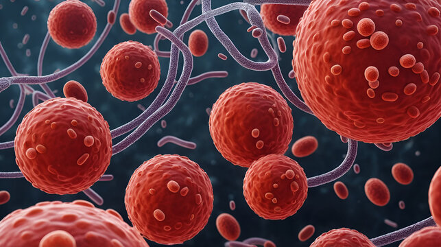Pathogenic bacteria interacting with red blood cells in a bloodstream environment, illustrating the concept of septicemia