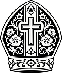 Ornate Papal Mitre Silhouette with Cross and Floral Decoration – Black and White Christian Bishop Hat Vector Illustration