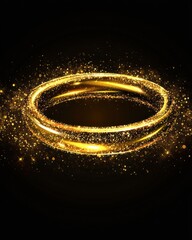 Golden glowing ring with sparkling glitter on black background studio shot for luxury or celebration concept