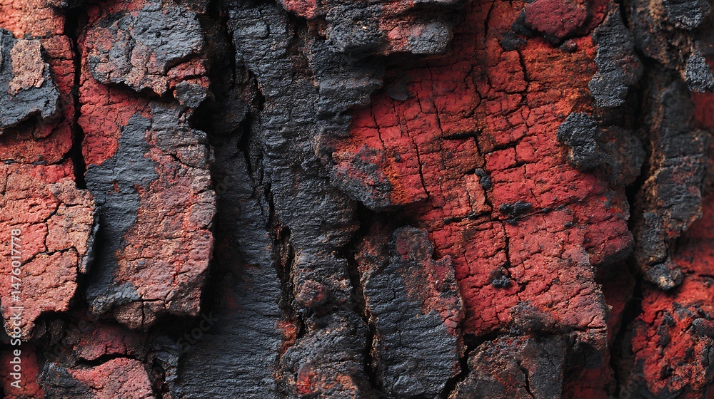 Poster charred wood bark red texture, detailed macro close, up view of tree burned scratched cork backgroun