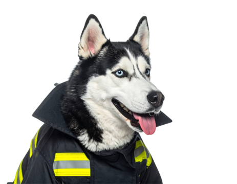 Alert Husky Dog in Firefighter Uniform