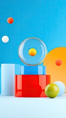 Obraz premium Abstract Colorful shapes including cylinders, spheres, platforms, and circle on a blue background