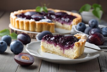 Freshly Baked Plum Tart with Juicy Plum Filling and Slices Served on White Dish Surrounded by Whole Plums and Wooden Surface Background