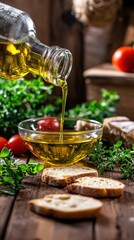 Olive oil poured over toasted bread