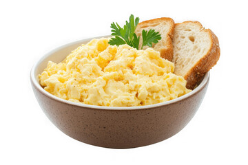 Close-up of a bowl filled with scrambled eggs garnished with parsley and slices of bread, isolated on transparent background