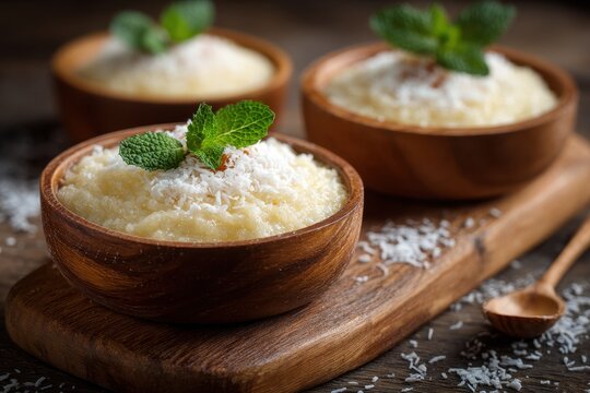 Brazilian dessert coconut tapioca pudding cuscuz doce served on a wooden board Close up