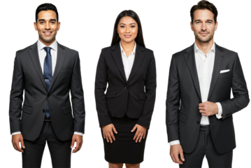 Three diverse young adult business professionals, two men and one woman, smiling and standing confidently in dark suits against a transparent background
