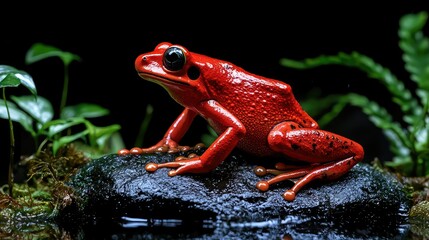 A vibrant, red poison dart frog perched on a wet stone, its gaze directed away as the green foliage of the rainforest surrounds it.