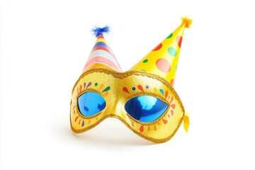 Carnival mask and party hats on white background studio shot festive celebration masquerade ball costume accessory fun
