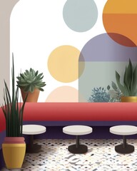 Fototapeta premium Cozy Cafe Interior with Stylish Seating and Decorative Plants