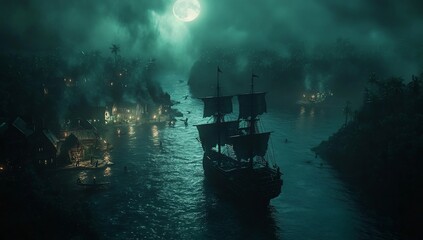 A dark and misty night scene, featuring a sailing ship navigating a waterway surrounded by a tropical village