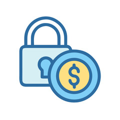 Secured money coin with padlock over black background