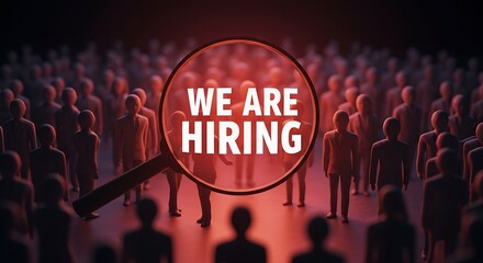 Hiring announcement with magnifying glass focusing on potential candidates in a crowd