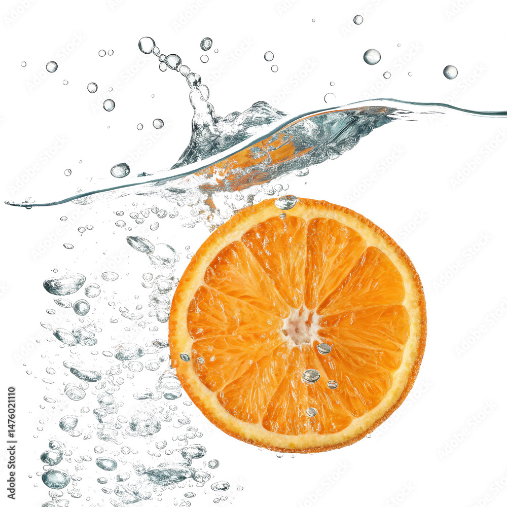 Poster Orange slice splashing into clear water with bubbles, creating refreshing and vibrant scene. citrus fruit is surrounded by dynamic water droplets and air bubbles against transparency background