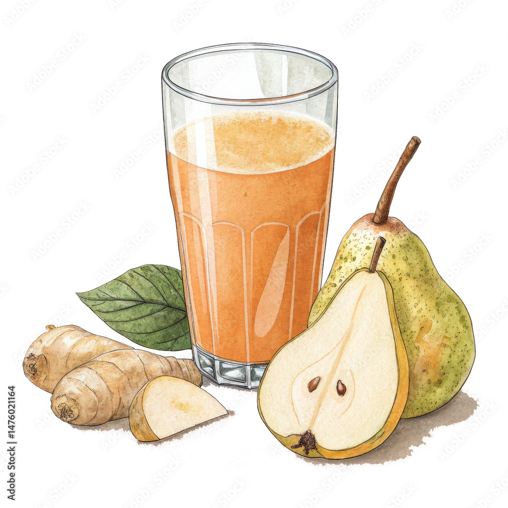 Poster refreshing glass of pear and ginger juice blend is surrounded by fresh ginger root, ripe pear, and g